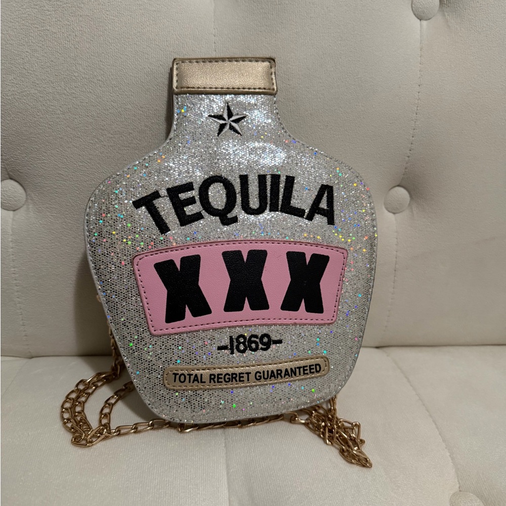 Glittery Silver and Pink Tequila Bottle Bag - Picture 2 of 6
